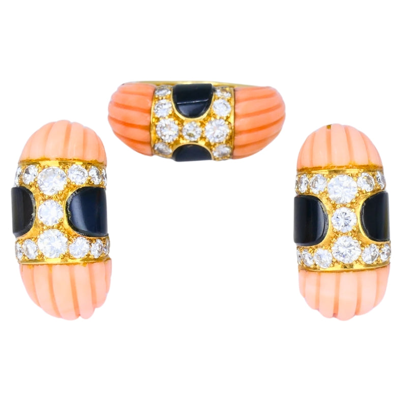Vintage Cartier Set Coral Onyx Diamond 18k Gold Ring and Earrings Estate Jewelry