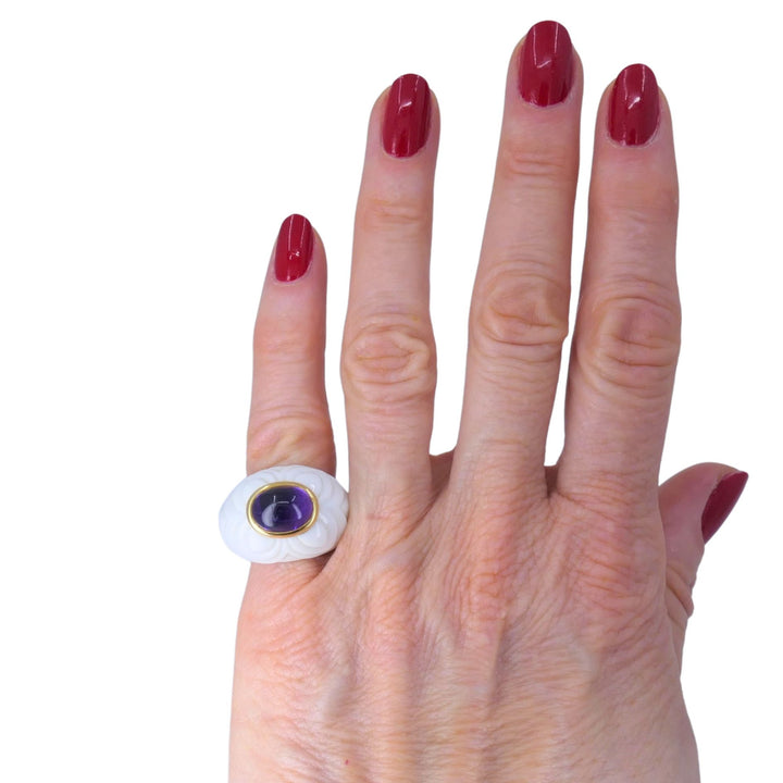 BVLGARI Bulgari Chandra Ring 18k Gold Amethyst Porcelain 1990s Ring Size 4