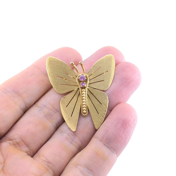 Vintage 14k Gold Butterfly Brooch Pink Gemstone Accents