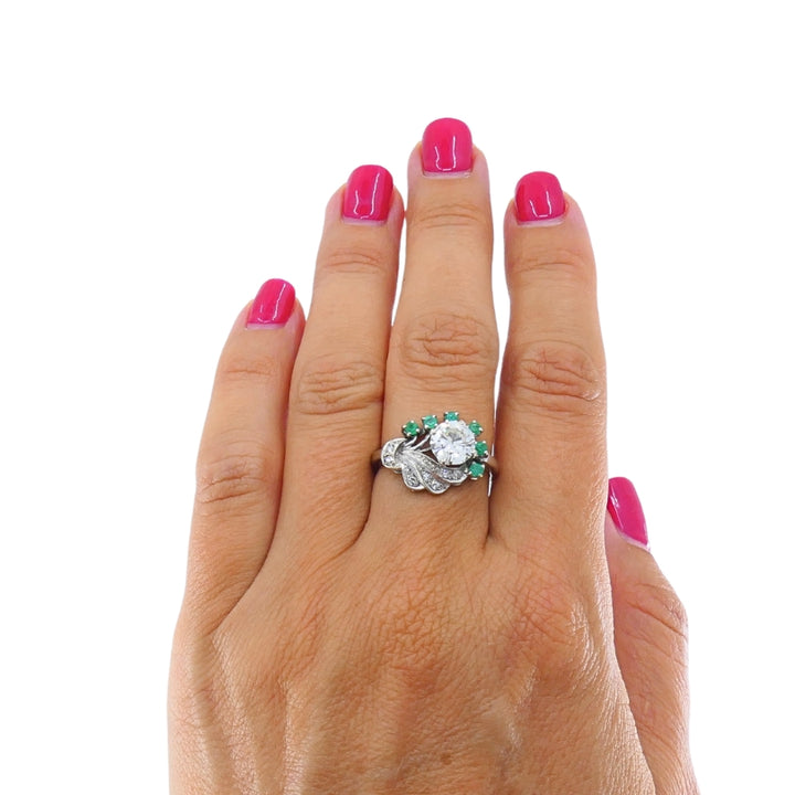 Vintage 14k White Gold Diamond  Emerald Cocktail Ring