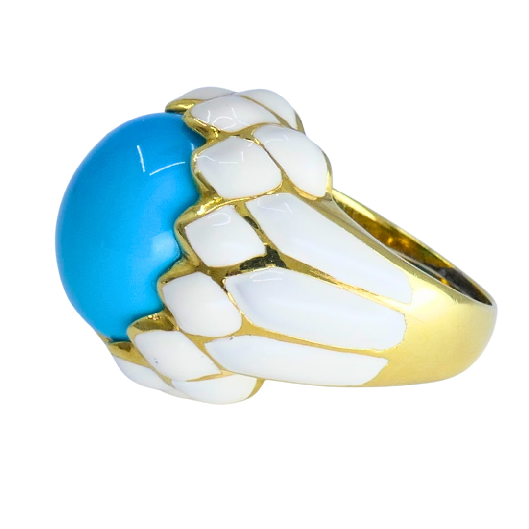 David Webb Ring 18k Gold White Enamel Turquoise Cocktail Ring