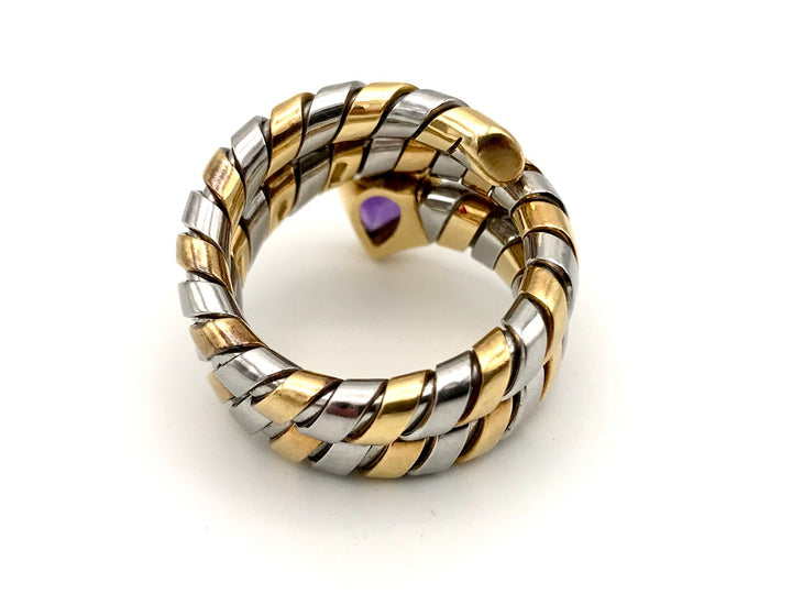 Bulgari Tubogas Serpenti Yellow Gold Stainless Steel Amethyst Ring