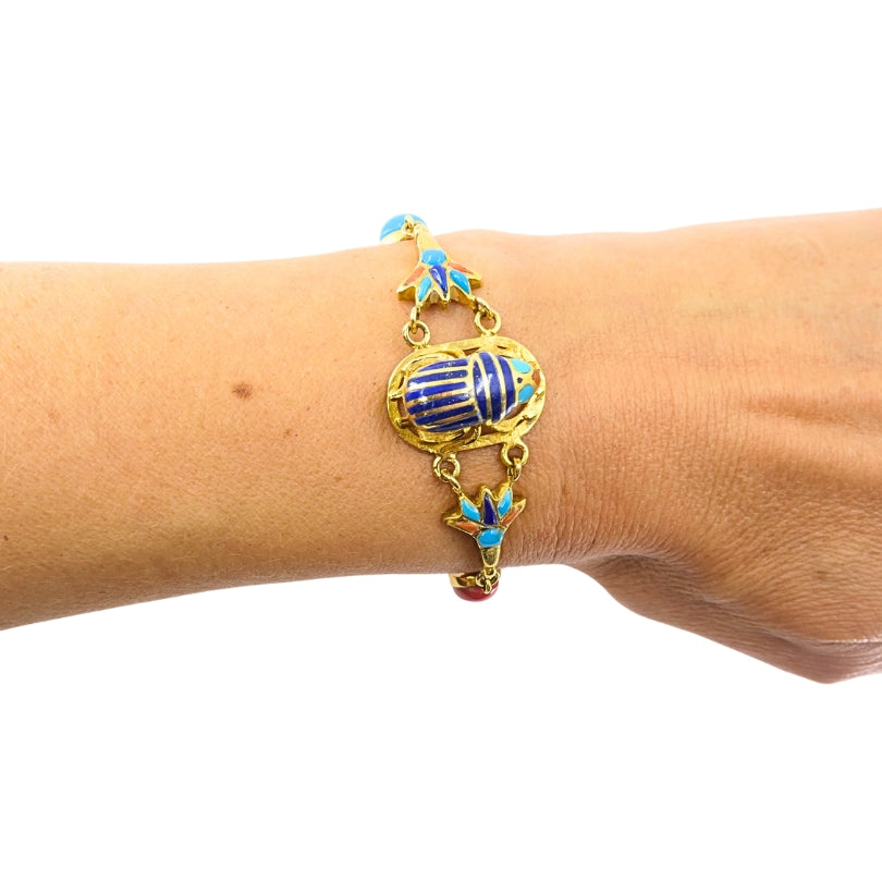 21k Gold Egyptian Revival Scarab Turquoise Coral Enamel Bracelet