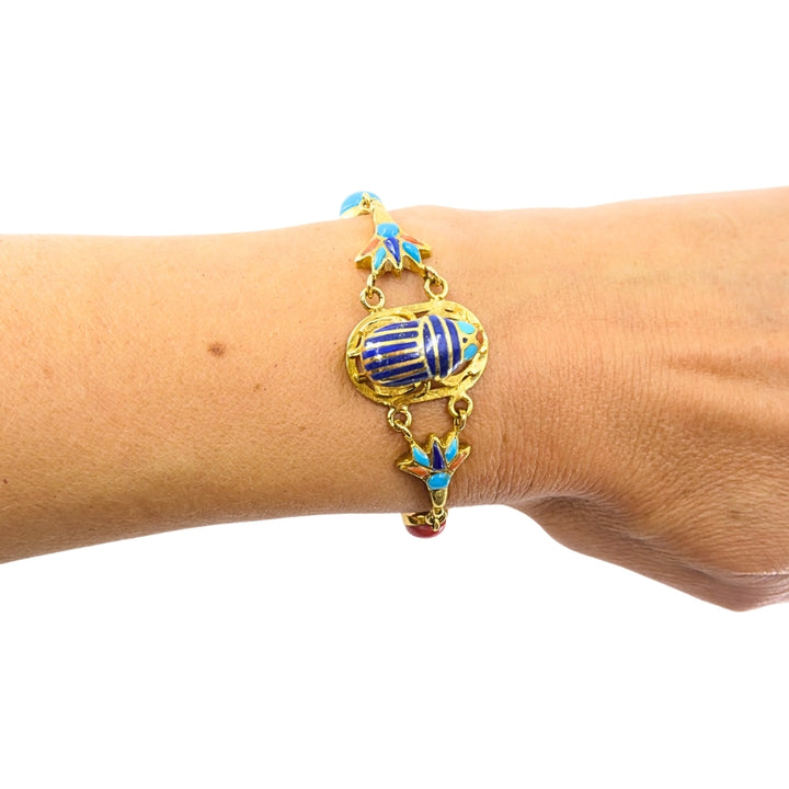 21k Gold Egyptian Revival Scarab Turquoise Coral Enamel Bracelet