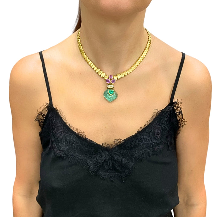 André Vassort 18k Gold Necklace Emerald Heart Pendant GIA