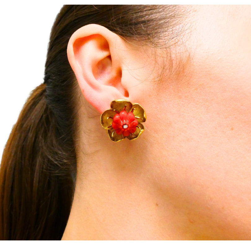 Vintage Tiffany & Co. Coral Floral Earrings 18k Gold