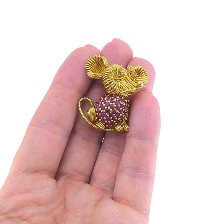 Tiffany & Co. 18K Gold Ruby Emerald Mouse Brooch