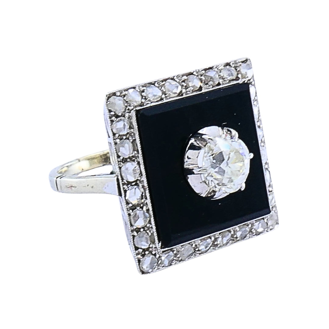 Art Deco 14k Gold Onyx Diamond Square Plaque Ring Antique Jewelry