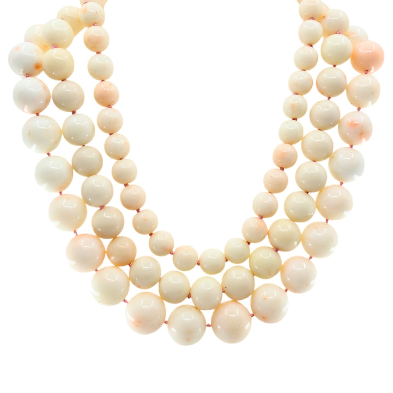 Angel Skin Coral Triple Strand Necklace 14K Gold