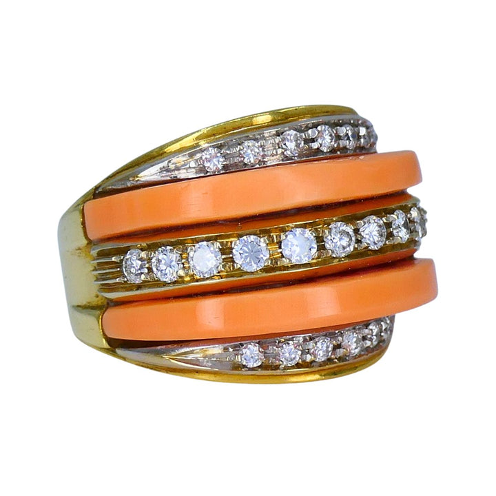 Vintage Italian 18k Gold Coral Diamond Ring