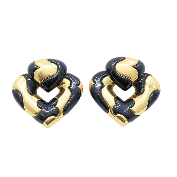 Marina B 18k Gold Black Enamel Heart Earrings Vintage Italian Designer Clip-Ons