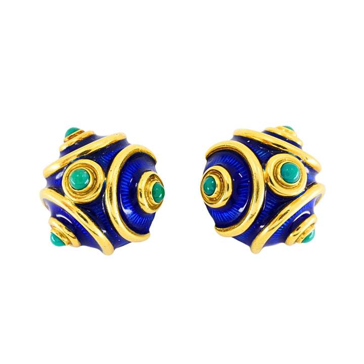Vintage Tiffany & Co. 18k Gold Blue Enamel Turquoise Clip-On Earrings