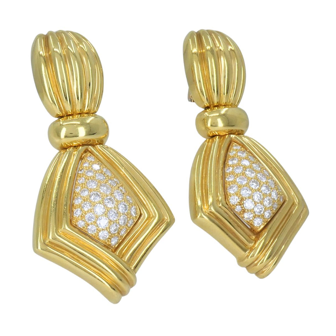 Vintage Boucheron Paris 18k Gold Diamond Ribbed Drop Earrings