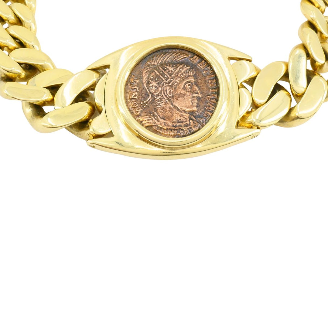 Vintage Bvlgari 18k Gold Monete Bronze Ancient Coin Curblink Bulgari Bracelet
