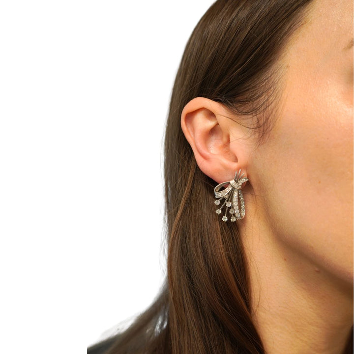 Mid Century Platinum Diamond Spray Earrings 4.30 Carats Bow Motif Gold Posts
