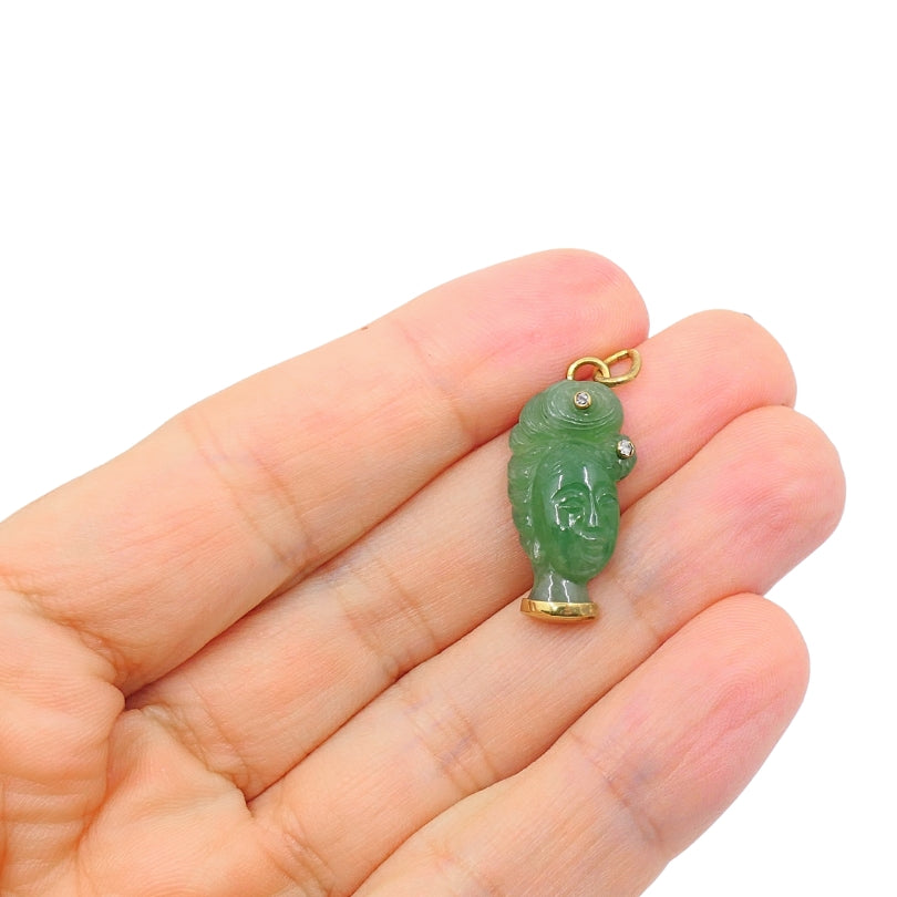 Vintage 14k Gold Carved Jade Lady’s Head Charm Pendant Diamond Accents