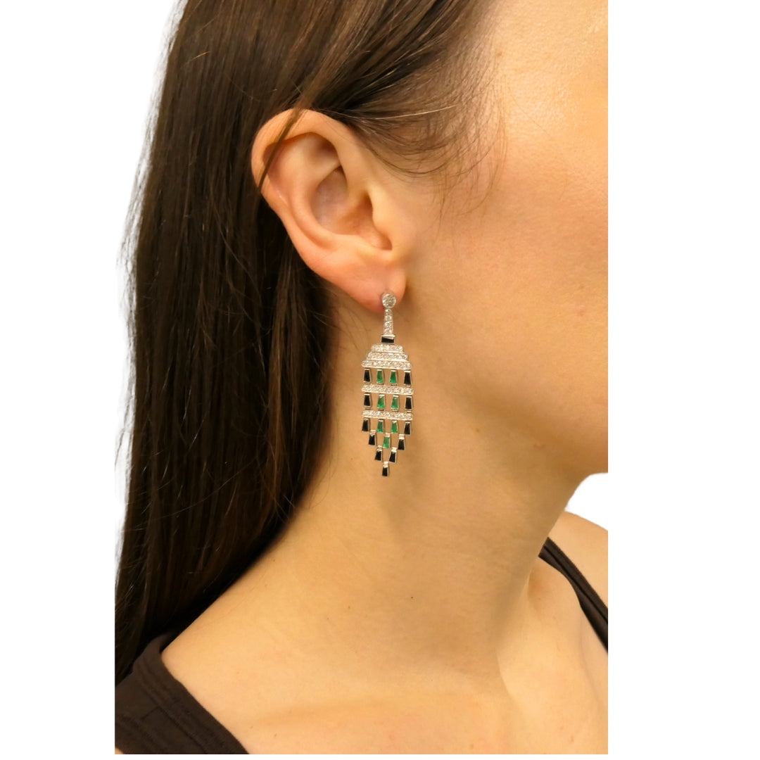 Diamond Emerald Onyx Dangle Earrings Art Deco Revival