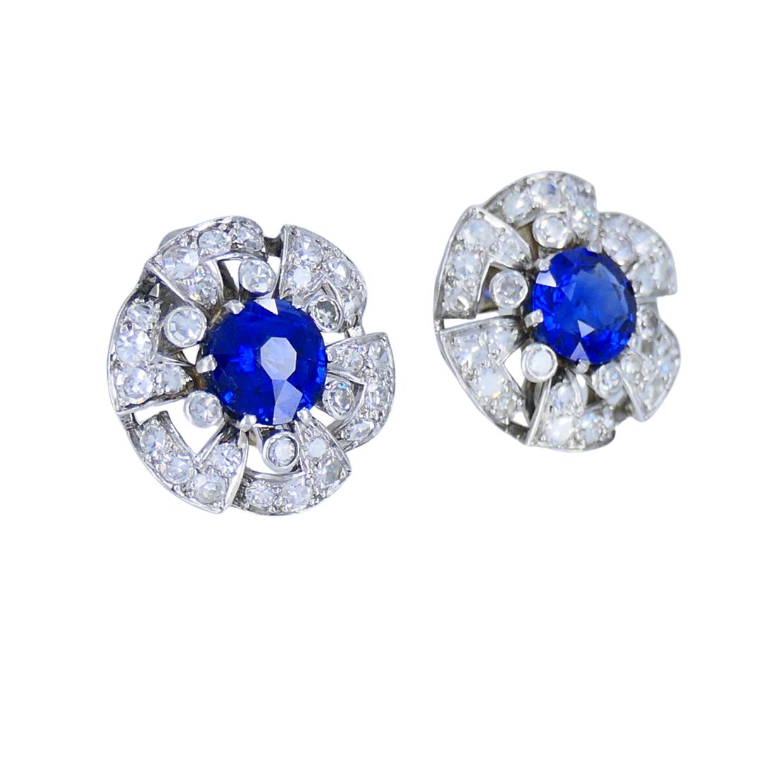 Vintage French Sapphire Diamond Platinum 18k White Gold Cluster Earrings
