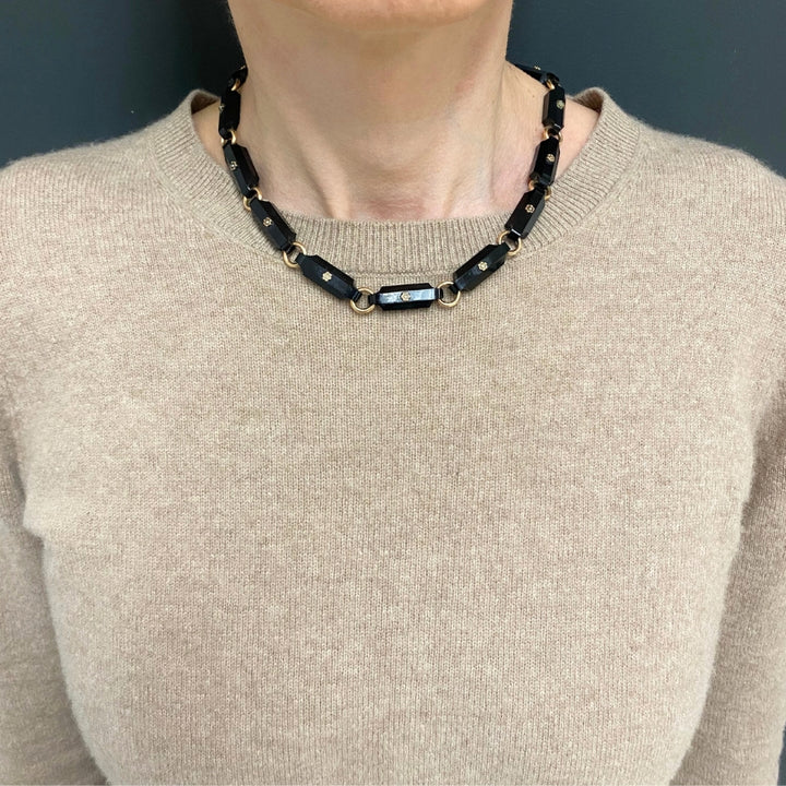 Vintage Black Onyx Necklace Floral Design 14k Gold Links