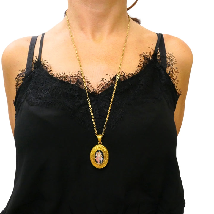 Victorian 18k Gold Locket Pendant Necklace Enamel Miniature