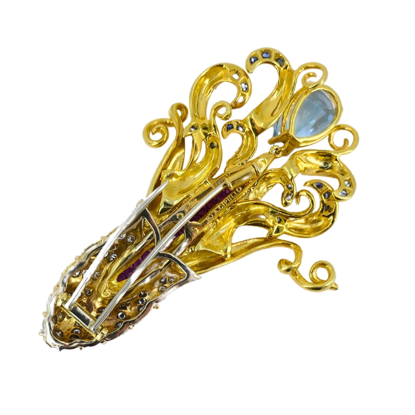 Aldo Cipullo Cartier Octopus Diamond Brooch 18k Gold Gemstones Estate Jewelry