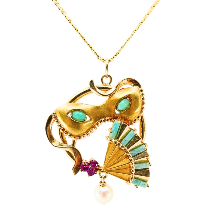 Vintage 14k Gold Masquerade Pendant 18k Gold Chain Necklace