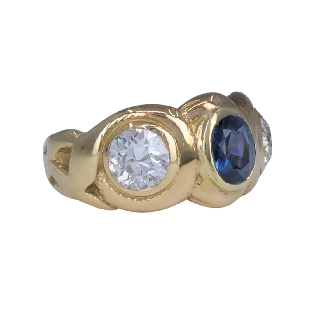 Antique 14k Gold Sapphire Old European Cut Diamond Three Stone Ring