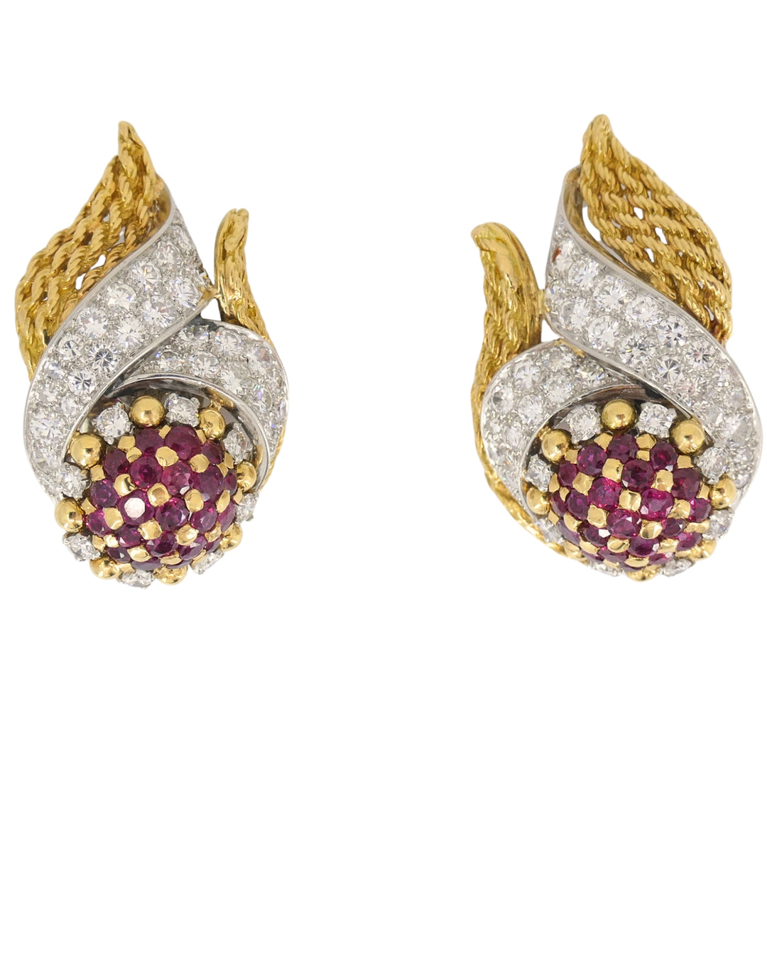 Lacloche Clip On Earrings 18k Yellow & White Gold Ruby and Diamond Earrings