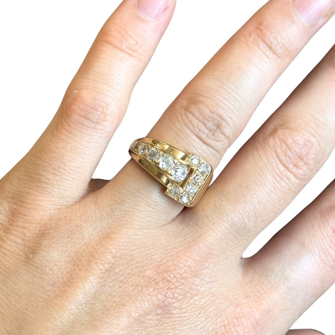 Vintage GRANAT 18k Yellow Gold Diamond Buckle Ring, 1950s