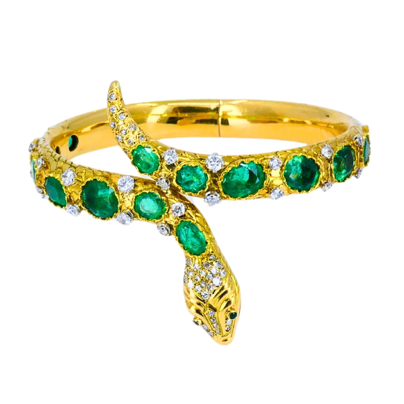 Vintage Snake Bangle Bracelet Gold Emerald Diamonds Estate Jewelry