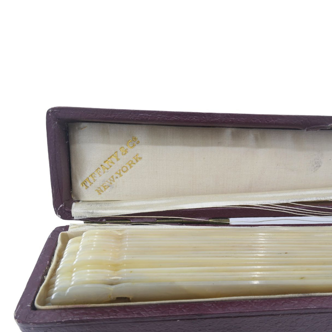 Tiffany & Co. Antique Carved Mother of Pearl Handheld Fan with Case