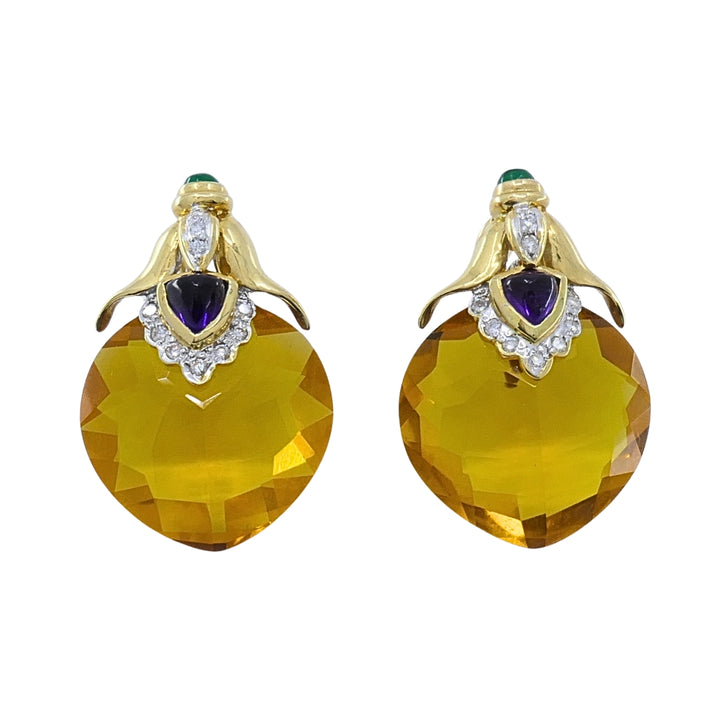 Vintage 18k Gold Citrine Heart Multi-Gemstone Earrings