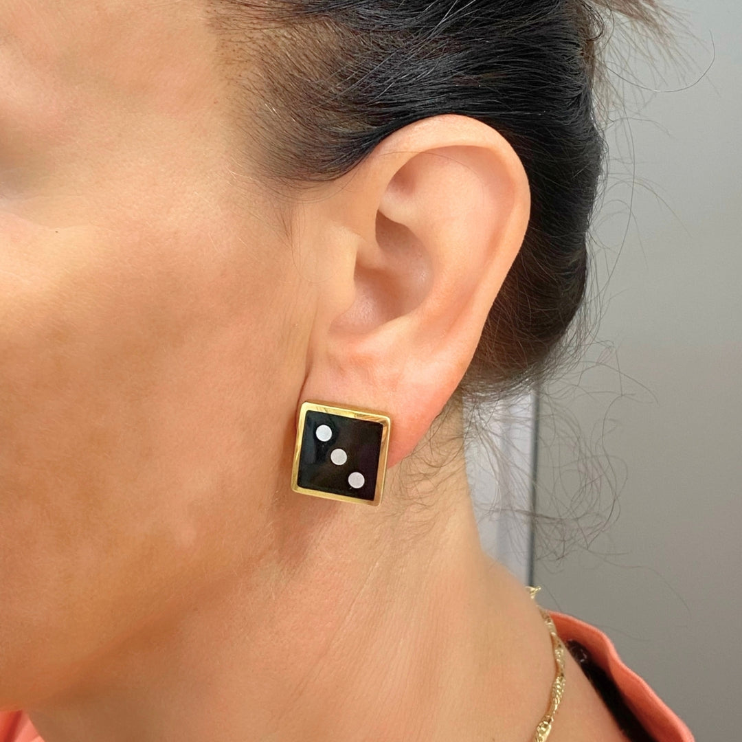 Tiffany & Co. Vintage 18k Gold Dice Earrings Onyx & Mother-of-Pearl Inlay