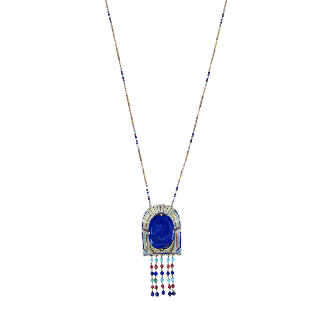 Egyptian Revival 14k Gold Gemstones Enamel Pendant Necklace