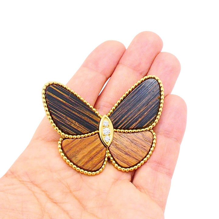 Van Cleef & Arpels Butterfly Brooch 18k Gold Wood Diamond