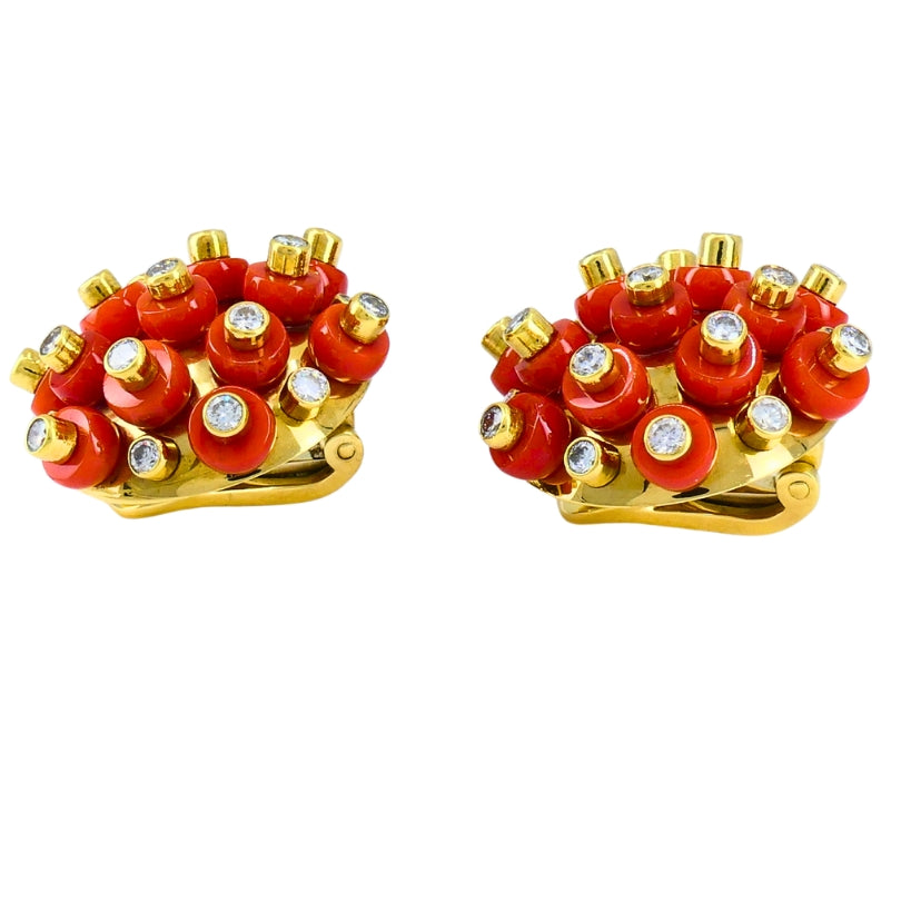 Vintage Aletto Brothers Coral Earrings 18k Gold Diamond Sputnik Design Estate Jewelry