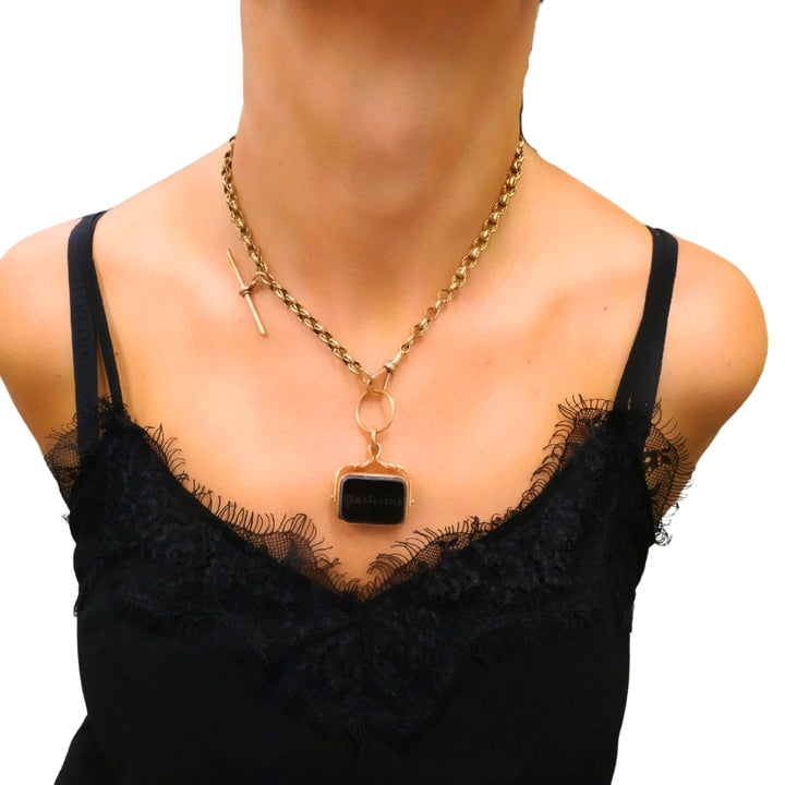 Antique 9k Gold Albert Chain Necklace Bloodstone Agate Pendant