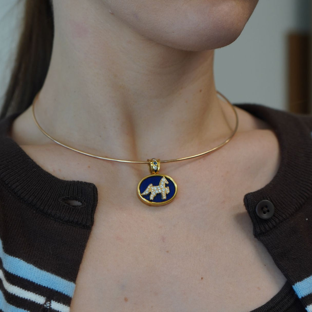 Vintage Pendant Torque Choker Necklace 18k 14k Diamond Sapphire Lapis Lazuli
