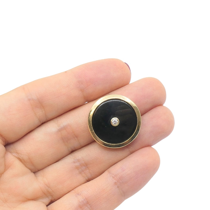 Vintage 14k Gold Onyx Diamond Round Pendant