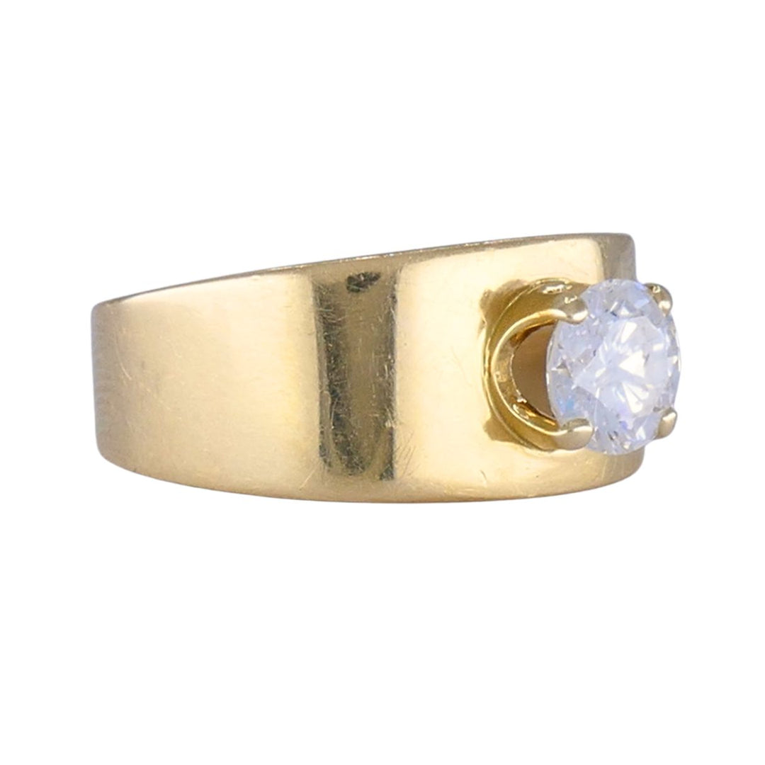 Vintage 1970s 14k Yellow Gold Round Brilliant Solitaire Diamond Wide Band Ring