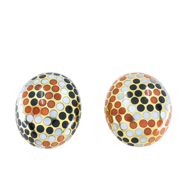Angela Cummings 18k Gold Mother-of-Pearl Onyx Coral Inlay Dot Dome Earrings