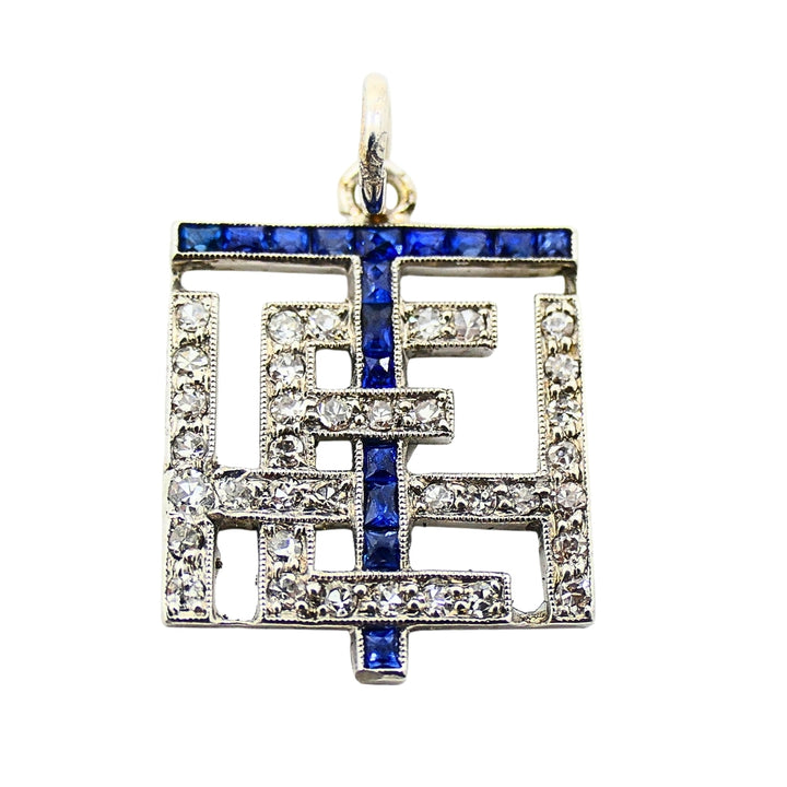 Antique Platinum Diamond Sapphire Geometric Pendant Charm