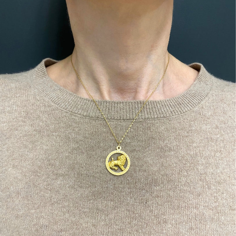 Vintage Leo Zodiac 18k Gold Pendant 14k Gold Chain Necklace