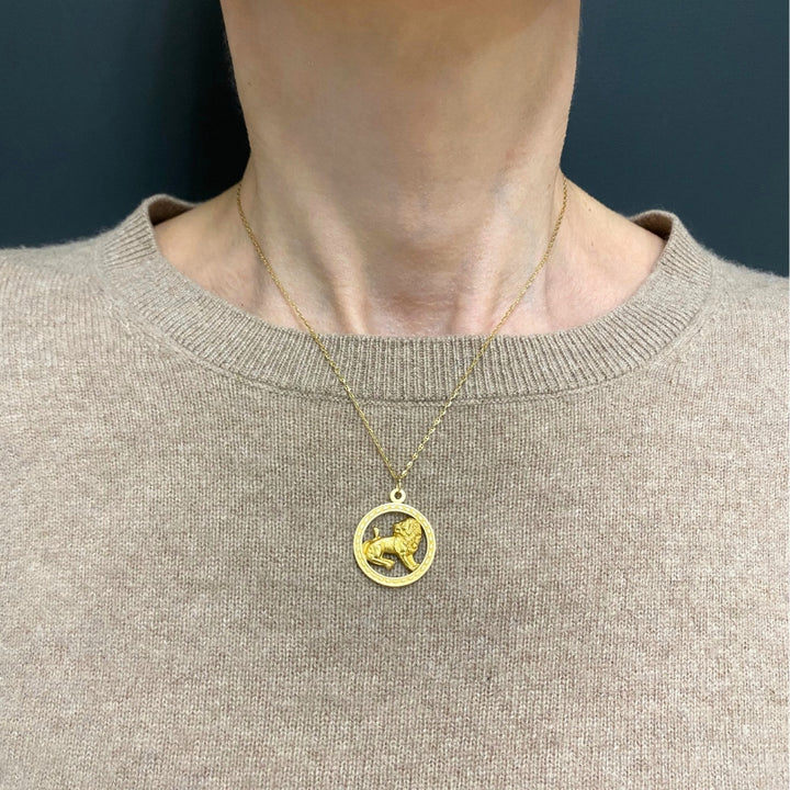 Vintage Leo Zodiac 18k Gold Pendant 14k Gold Chain Necklace