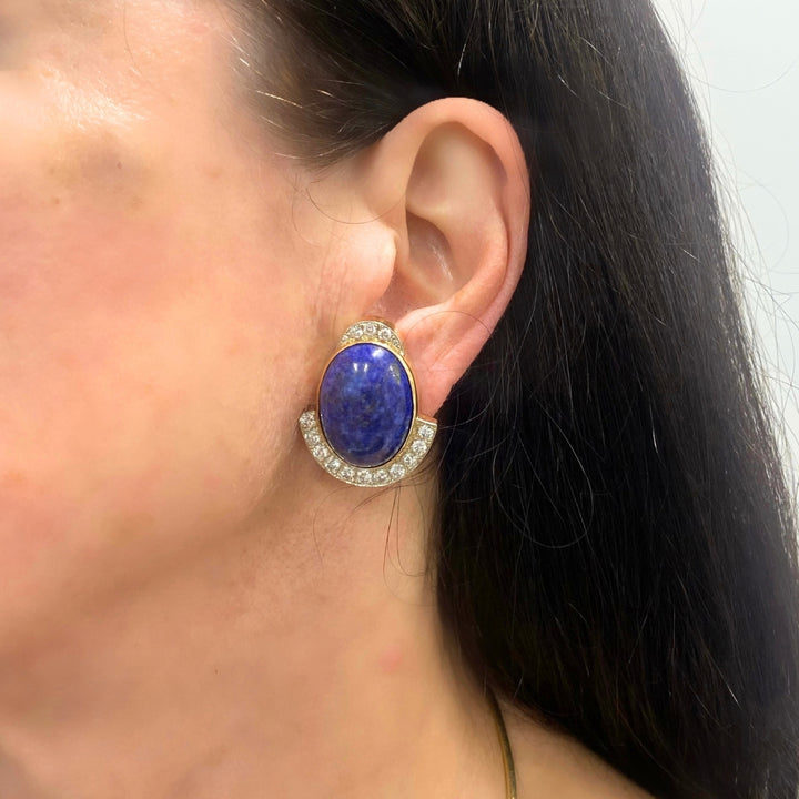 Sterlé Paris 14K Gold Lapis Lazuli Diamond Clip-On Earrings, circa 1960s - 1970s