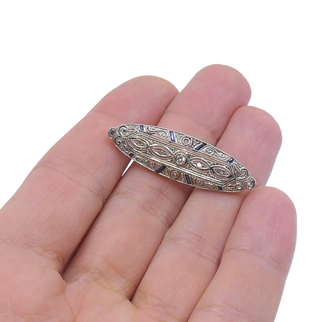 Art Deco 18k Gold Diamond Sapphire Navette Brooch