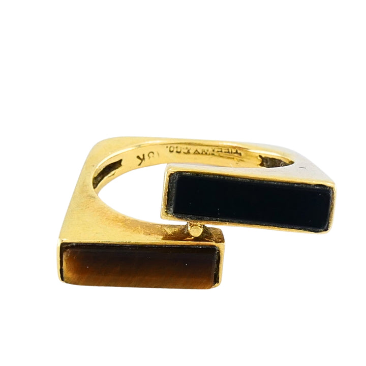 Vintage Tiffany & Co. 18k Gold Onyx Tiger's Eye Modernist Bypass Ring