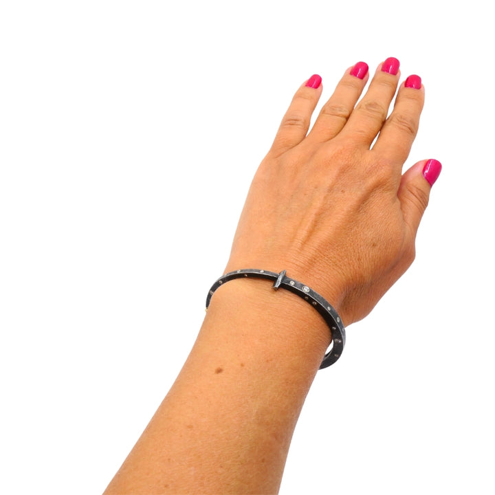 Modern Silver 18k Gold Bangle Bracelet Diamond Accents