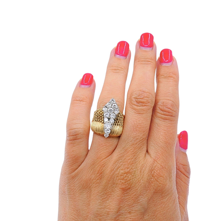 Vintage 14k Gold & 10k White Gold Accent Diamond Cluster Woven Cocktail Ring