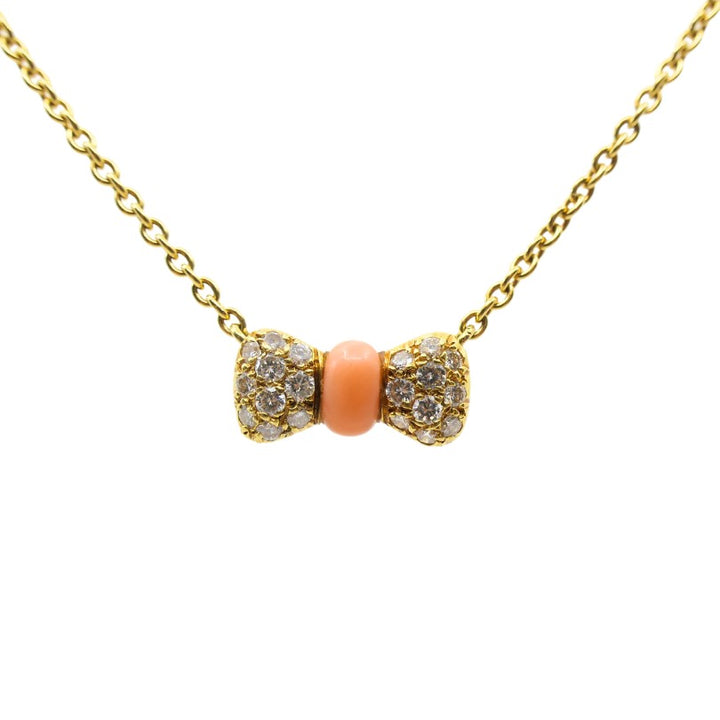 Van Cleef & Arpels Necklace 18k Gold Coral Diamond Bow Pendant